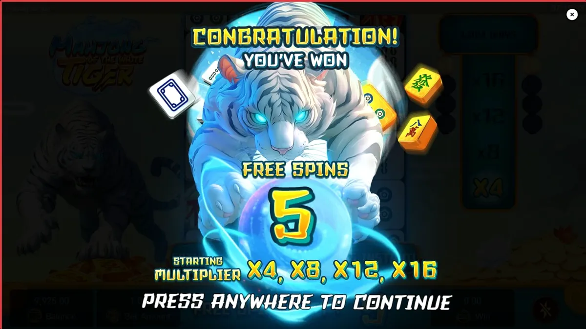Mahjong of the White Tiger slot machine theme featuring a majestic white tiger and traditional mahjong tiles.