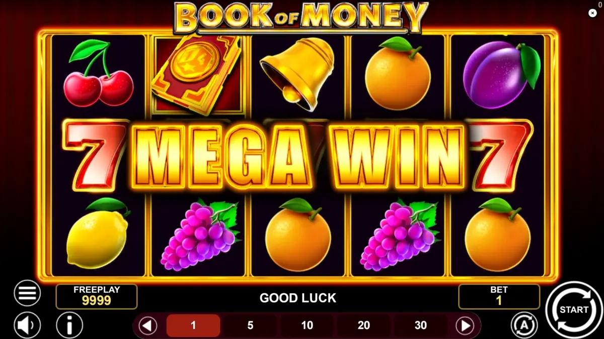 Tampilan visual slot Book of Money dengan simbol buah dan buku ajaib