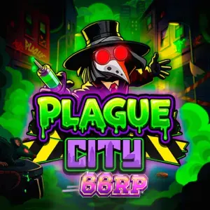 Tampilan visual slot Plague City dengan latar belakang kota neon yang mencekam